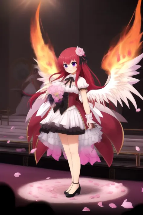 1girl,red hair,purple eyes,long hair,hair ornament,idol, (on stage:1.2), flame wings, scattered petals,
((cinematic light)), (colorful:1.2), hyper detail, dramatic light, intricate details, (best quality:1.2), highly detailed,Anime, Moe, illustration, (wallpaper, masterpiece, best quality, ultra-detailed, best shadow),(beautiful detailed face, beautiful detailed eyes), high contrast, (best illumination, an extremely delicate and beautiful),
 <lora:cattleya(flower_knight_girl):1.0>