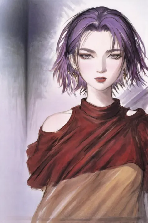 anime - style drawing of a woman with purple hair and a red top