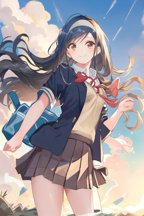 anime girl with long hair and a school uniform standing in the rain