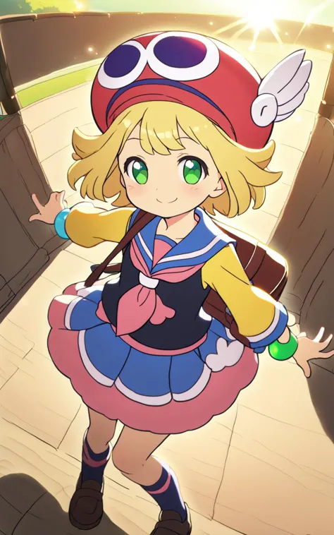 <lora:sdxl-py-amitie:0.7> 1girl amitie, cute, green eyes, blonde hair, short hair, bracelet, jewelry, hat,Buoyant Smile, From Up, full body, looking at viewer, warm light sunset, rays light sparkles lens flare deep shadows, depth of field peerless scenery sentimental, serafuku , black  vest , blond necktie , high socks, lowfers, school bag, extremely quality extremely detailed, illustration, cute anime face cinematic lighting, Riding arena