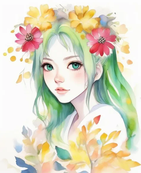 1girl,blue eyes,green hair,rose, camellia,daisy, freckles,  portrait, petals, tulip,(background full of flowers) ,(face close up),(Open eyes),(vibrant colors),(autumn:1.5) 