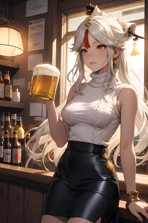 anime girl in a bar with a beer