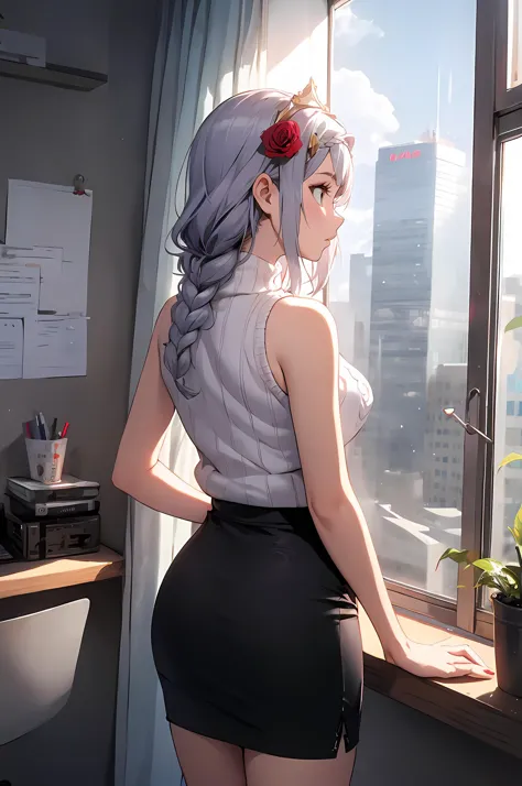 anime girl in a short skirt looking out a window