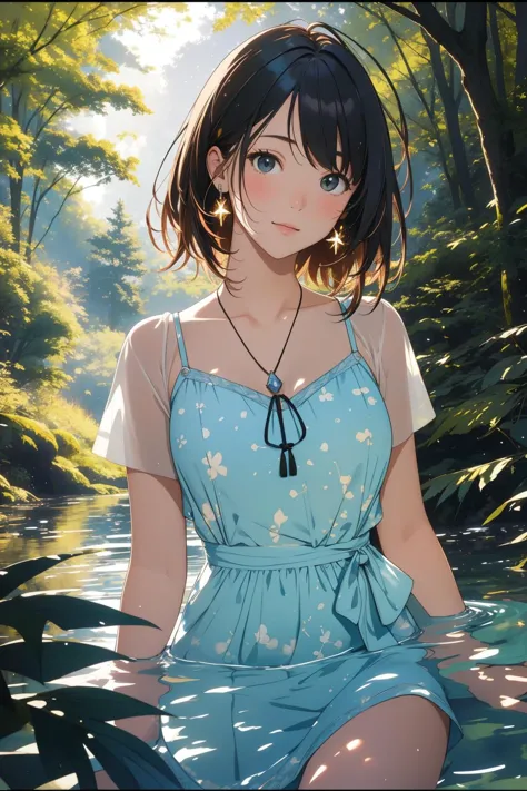 anime girl sitting in the water with a necklace on her neck