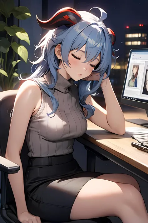 anime girl sitting at a desk with her head on her hand