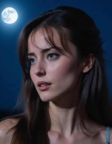 a woman with long hair and a blue top looking at the moon