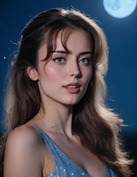 a close up of a woman in a blue dress with a full moon in the background