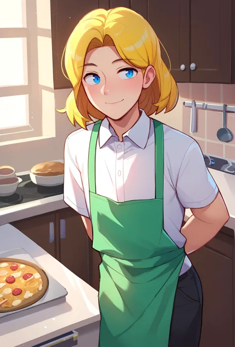 anime girl in green apron standing in kitchen with pizza on counter