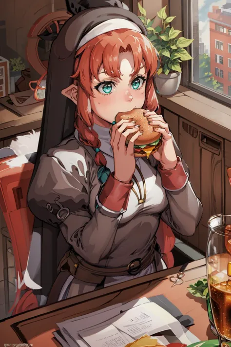 anime girl eating a hamburger and drinking soda at a table