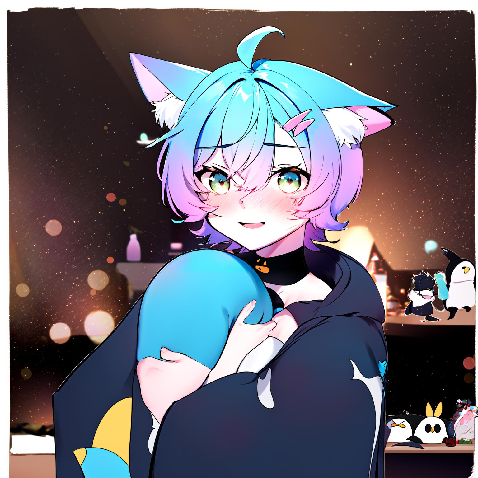 Anime girl with blue hair and cat ears holding a blue pillow - SeaArt AI