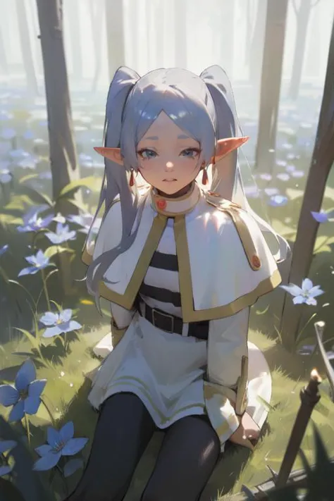 (photorealistic:1.2),best quality, masterpiece,  from above, 
FRIEREN, LONG HAIR, POINTY EARS, TWINTAILS, JEWELRY, ELF, EARRINGS, WHITE CAPELET, LONG SLEEVES, black pantyhose,PARTED BANGS, DRESS, BELT,cry,
Sunny day, forest, hero's grave, meadow,Blue flower sea,
 <lora:flat2:0.7> <lora:dtl11-cnlight:-0.7> <lora:frieren:1>