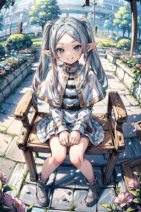 <lora:frieren:0.9>, frieren, pointy ears, twintails, jewelry, elf, earrings, capelet, white capelet, long sleeves, parted bangs, dress, belt, flower,
(cute:1.1,solo, 1girl), (smirk smile), (full body:1.4), soft light, sitting, 
perfect(face ,eyes , nose, hands , arms), detailed fingers, extremely detailed eyes and face, beautiful detailed nose, beautiful detailed eyes, idol vibes, extremely detailed, CG, 8k wallpaper, Amazing, finely detail, (masterpiece:2.0, best quality), (intricate details, depth of field), beautiful detailed girl, glossy pink lips, aqua eyes, ((long hair:1.1), (colorful gradient multi-colored sliver grey hair)), elegant , (<lora:cozy animation scenes_20230824111332:0.65>, cozy, animation scenes, scenery, rock chair , PIXIV, outdoors, garden), (wide, fisheye angle view),  <lora:more_details:0.55>,