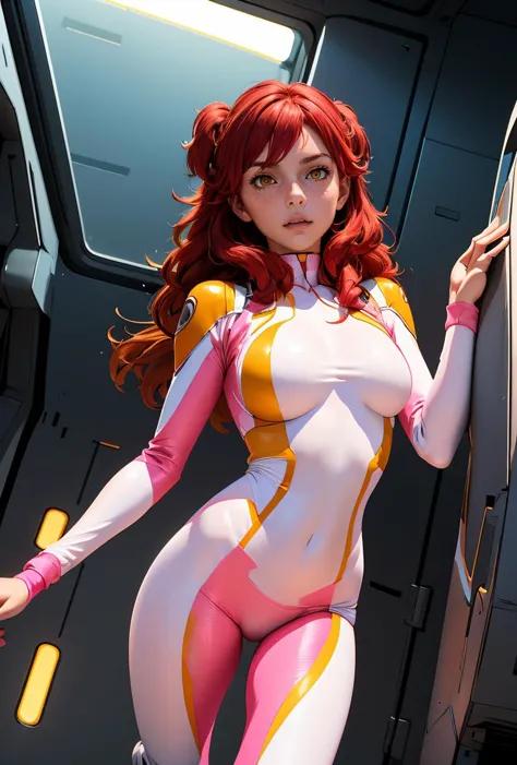 (masterpiece, best quality), 1girl,  <lora:Nena_Trinity:0.8> nena trinity, red hair, (freckles:0.7), yellow eyes, (two side up), long hair, white bodysuit, pilot suit, (pink bodysuit, pilot suit:1.2), midriff, sleeveless, navel, crop top, white shorts, bike shorts