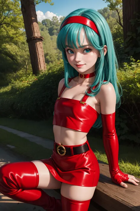 dbgtbra,1girl,solo,aqua hair,straight hair,long hair,aqua eyes,red hairband,
smile,closed mouth,cowboy shot,
red thighhighs,bare shoulders,collarbone,red boots,midriff,shiny,red belt,zettai ryouiki,red crop top,red skirt,thigh boots,red footwear,red tube top,neck ring,yellow choker,red miniskirt,bridal gauntlets,red gauntlets,tube top,leather,
forest,outdoor,
(insanely detailed, beautiful detailed face, masterpiece, best quality) cinematic lighting,