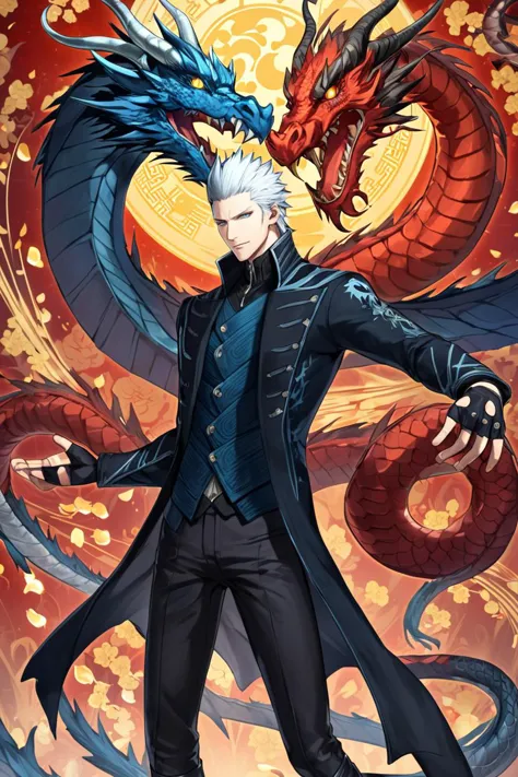 a man in a coat and a dragon on a red background