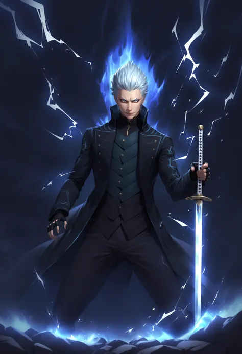 a man in a black coat holding a sword in front of a blue light