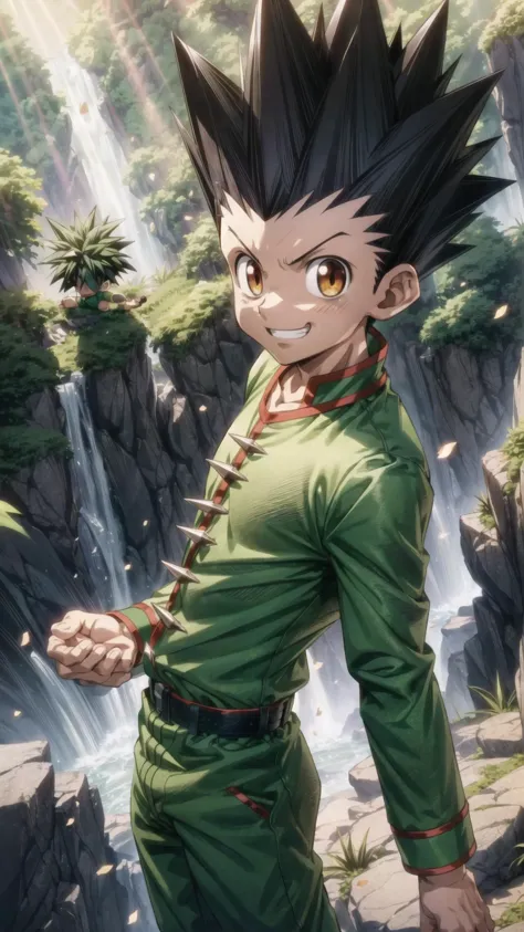 <lora:å°æ°GONV1:0.8> Gon, 1boy, spiked hair, grin, v, cute, male child, green shirt, AS-YoungV2-neg, masterpiece, best quality...