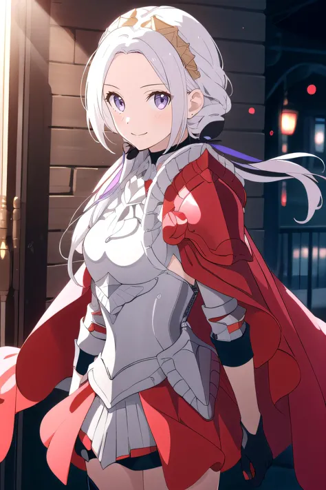 (masterpiece:1.2), best quality, high resolution, unity 8k wallpaper, (illustration), extremely detailed face, perfect lighting, extremely detailed CG, 1girl, solo, <lora:Edelgard:0.8>, purple eyes, white hair, long hair, hair ornament, ribbon, red cape, black gloves, armor, standing, cowboy shot, looking at viewer, simple background, smile, closed mouth