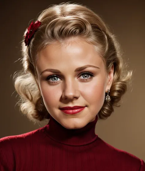 a close up of a woman with a red bow in her hair