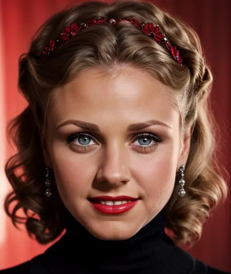 a close up of a woman with a red headband and a black turtle neck