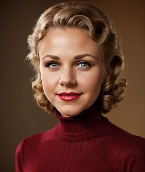 <g1ng3r0>, Ultra-HD-details, natural background, smile, detailed eyes, 50s dress, cotton hair, 40s makeup, 50s style, Necklace, jewelry, ((Turtleneck red)), intricate