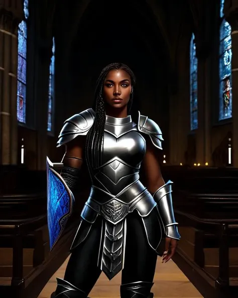 A woman in armor standing in a church with a sword - SeaArt AI