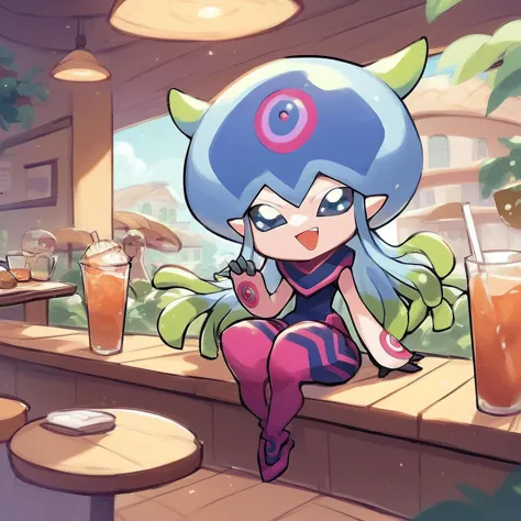 score_9, score_8_up, score_7_up, score_6_up, score_5_up, score_4_up, rating_safe,source_cartoon,a chibi jellymon sitting in a chair in a cafe, 