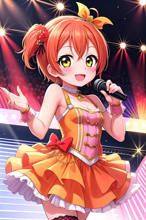 masterpiece,ultra detail,best quality,1girl, hoshizora_rin_lovelive <lora:hoshizora_rin_lovelive:0.7>,smile,flare,stage,spotlight,idol costume,blush,stylish pose,microphone