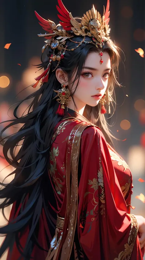 1girl,jewelry,earrings,solo,long hair,hair ornament,looking back,looking at viewer,red dress,black hair,upper body,closed mouth,blurry,dress,tassel,brown hair,feathers,from behind,chinese clothes,tassel earrings,<lora:å¤å éå¸:0.6>,disgust,frown,furrow...