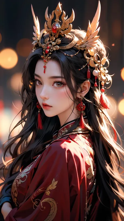 1girl,jewelry,earrings,solo,long hair,hair ornament,looking back,looking at viewer,red dress,black hair,upper body,closed mouth,blurry,dress,tassel,brown hair,feathers,from behind,chinese clothes,tassel earrings,<lora:å¤å éå¸:0.6>,disgust,