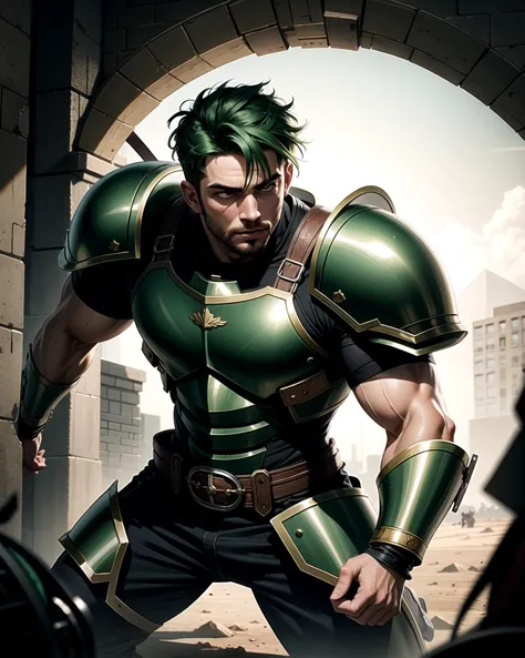 ((masterpiece), best quality, high quality, professional quality, highly detailed, highres, perfect lighting, natural lighting), (1boy, muscular, handsome, no facial hair, short hair, green hair), wearing armor, fighting, on a battlefield