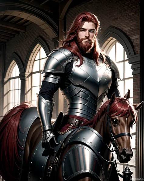 ((masterpiece), best quality, high quality, professional quality, highly detailed, highres, perfect lighting, natural lighting), (1boy, muscular, handsome, long beard, short hair, red hair), wearing armor, riding a horse, in a castle
