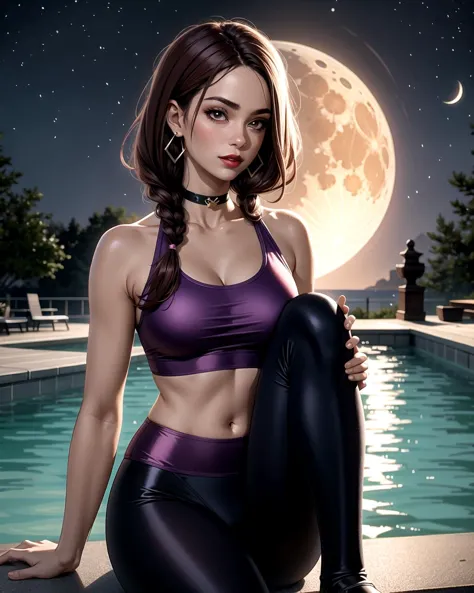((masterpiece), best quality, high quality, professional quality, highly detailed, highres, perfect lighting, natural lighting), Purple Velvet Cami and Short Set, Velvet Collar, Sparkling Body Chain, Skinny, Triangular Face, Ebony Skin, Straight Nose, Heart-shaped Lips, Round Chin, Magenta satin lipstick, scarf, auburn Silky Hair Medium-Length Hair Braids, with a moon in the background, graceful swan swimming in the foreground,lotus position, compression leggings and fitted top, Chanteuse, Short, Athletic, Triangular Face, Dark Skin, Strawberry Blonde Hair, peach Eyes, Short Nose, Thin Lips, Round Chin, Shoulder-Length Hair, Coarse Hair, Side Bangs, natural breasts, Drop earrings, cream sheer lipstick
