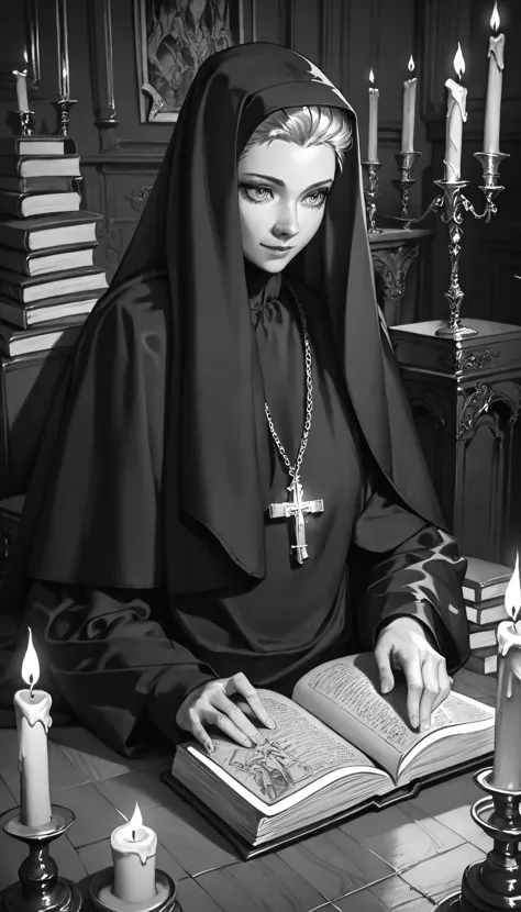 a black and white photo of a nun reading a book