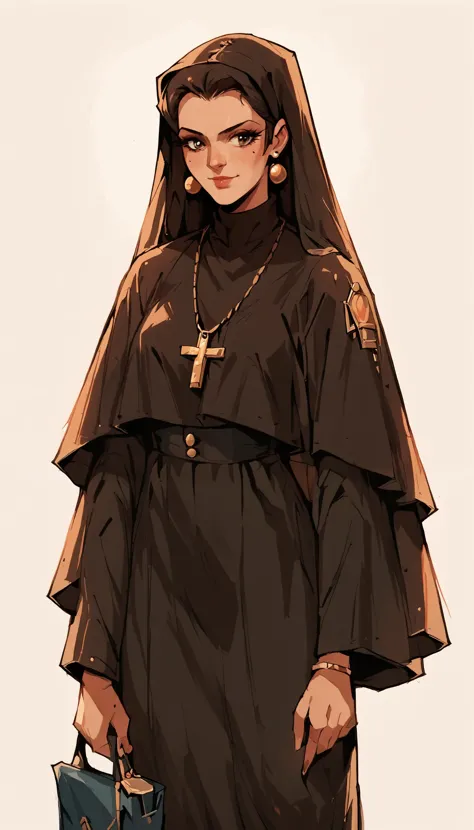 a drawing of a nun with a cross and a purse