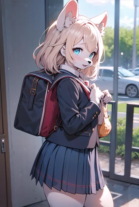 nsfw, furry, orange fur, two tone fur, detail,
school uniform, school skirt, school bag,