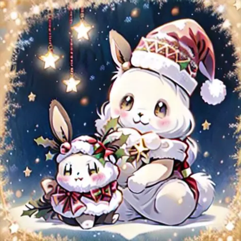 A christmas hat wearing eevee shows a Christmas card with Merry Christmas written on it to the readers, shinx eevee