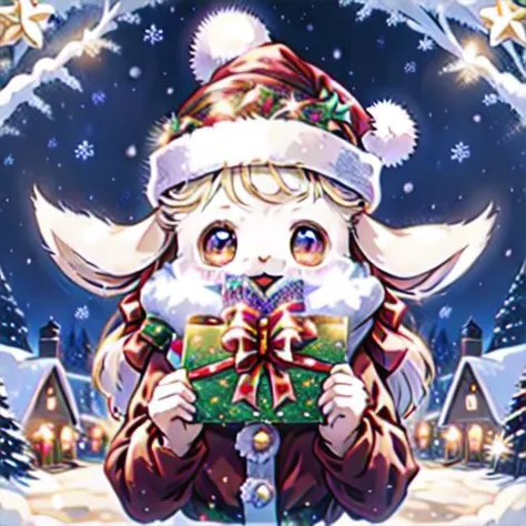 A christmas hat wearing eevee shows a Christmas card with Merry Christmas written on it to the readers, shinx eevee