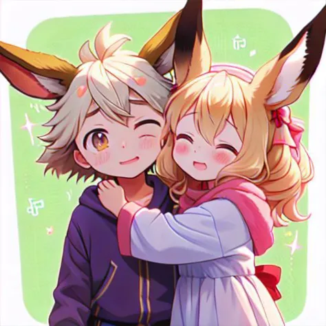 anime couple hugging each other with ears and ears