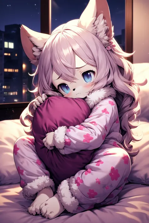 cute furry child girl, smile, pajamas, sitting on bed, barefoot, full body, indoors, pillow hug, detailed fluffy shaggy fur,night, dark room, (sad:1.4), jitome, 
highres, high quality, realistic,<lora:flat2:-0.2>