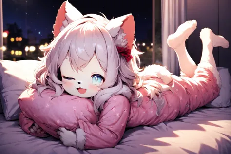 cute furry child girl, smile, open mouth, wink, one eye closed, pajamas, the pose, lying, on stomach, feet up, legs up, barefoot...