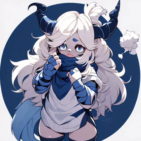 horns, thick thighs, thick calves, blue eyes, ((skin patterns)), ((dark tan skin)), gold jewellery, ((white hair with navy streaks)), ((spiky punk pig tails)), ((blue grey blue and white outfit)), ((black bandages covering eyes)), ((huge fluffy white scarf)), ((Kaeya Alberich)), wrench_genshin_style, poofy hair, eyeliner, emo, emo makeup, goth, verybadimagenegative_v1.3, EasyNegativeV2