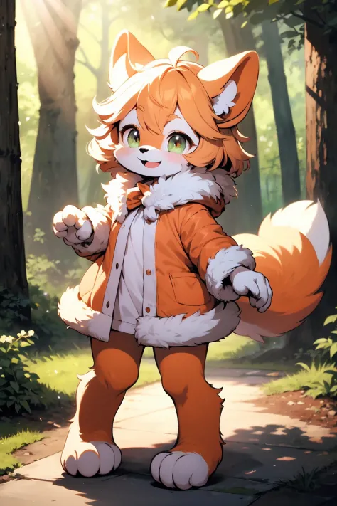 furry, orange fur, red fur, two tone fur, full body,smile, in forest, dressing