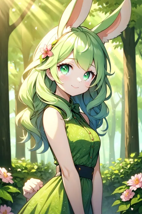 niña bonita,orejas de conejo,Pelo verde, vestido verde,Sin mangas, piel blanca,en el bosque,mirando al espectador,sonrisa,boca cerrada,flores,ligeramente por encima,