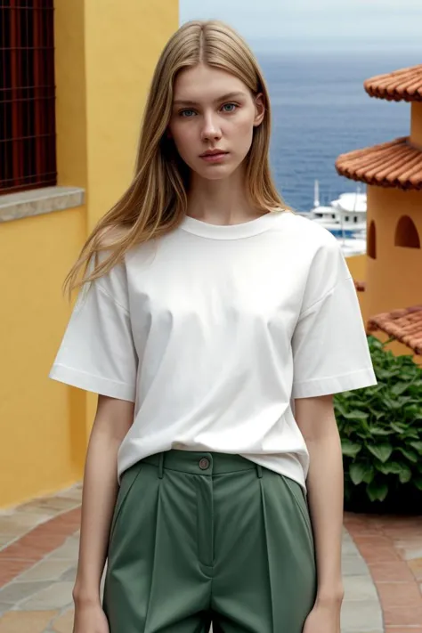 a woman standing on a sidewalk wearing green pants and a white shirt