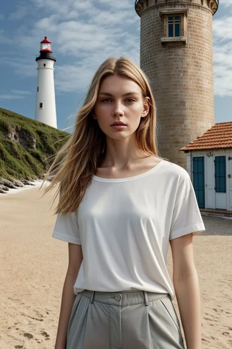 a woman standing on a beach next to a lighthouse