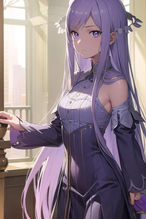 anime girl with long purple hair and purple dress standing in front of a window