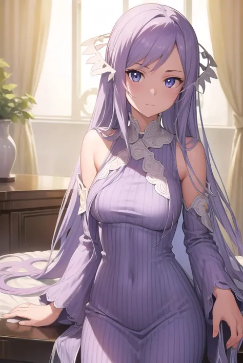 quinella, <lyco:quinella-lyco-nochekaiser:1>,
quinella, absurdly long hair, (purple eyes:1.1), long hair, parted bangs, purple hair, very long hair, hair ornament,
BREAK dress, purple dress, ribbed dress, detached sleeves, sleeveless, 
BREAK indoors, bed,
BREAK looking at viewer, (cowboy shot:1.5),
BREAK <lyco:GoodHands-beta2:1>, (masterpiece:1.2), best quality, high resolution, unity 8k wallpaper, (illustration:0.8), (beautiful detailed eyes:1.6), extremely detailed face, perfect lighting, extremely detailed CG, (perfect hands, perfect anatomy),