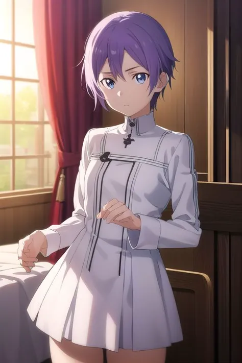 Kazuto Kirigaya, Kazuto Kirigaya, short hair, (purple eyes:1.1), parted bangs, purple hair, 
BREAK indoors, bed,
BREAK looking at viewer, (cowboy shot:1.5),
BREAK (masterpiece:1.2), best quality, high resolution, unity 8k wallpaper, (illustration:0.8), (beautiful detailed eyes:1.6), extremely detailed face, perfect lighting, extremely detailed CG, (perfect hands, perfect anatomy),