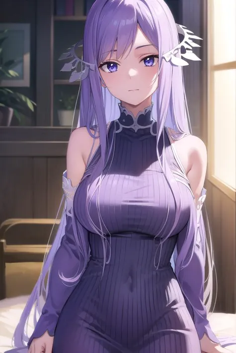 quinella, <lyco:quinellav2-lyco-nochekaiser:1>,
quinella, absurdly long hair, (purple eyes:1.1), long hair, parted bangs, purple hair, very long hair, hair ornament,
BREAK dress, purple dress, ribbed dress, detached sleeves, sleeveless,
BREAK indoors, bed,
BREAK looking at viewer, (cowboy shot:1.5),
BREAK <lyco:GoodHands-beta2:1>, (masterpiece:1.2), best quality, high resolution, unity 8k wallpaper, (illustration:0.8), (beautiful detailed eyes:1.6), extremely detailed face, perfect lighting, extremely detailed CG, (perfect hands, perfect anatomy),